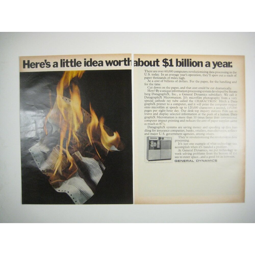 1969 General Dynamics DatagraphiX Printer System ADVERT Vintage Print Ad 2 Page
